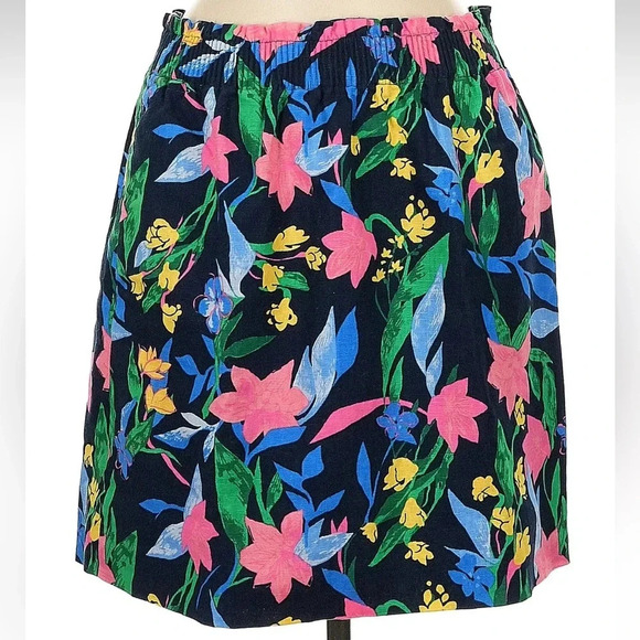 J. Crew Women's Linen Blend Navy Blue Pink Floral Elastic Waist Skirt Size 8 M - Picture 3 of 8